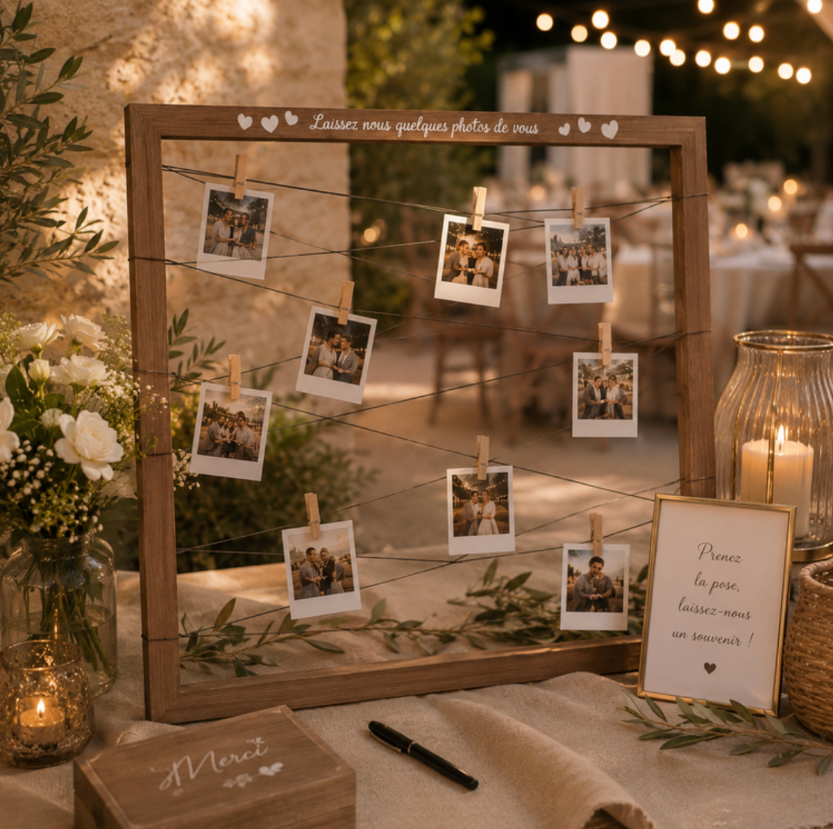 Cadre photobooth 60×60cm avec cordages — Location