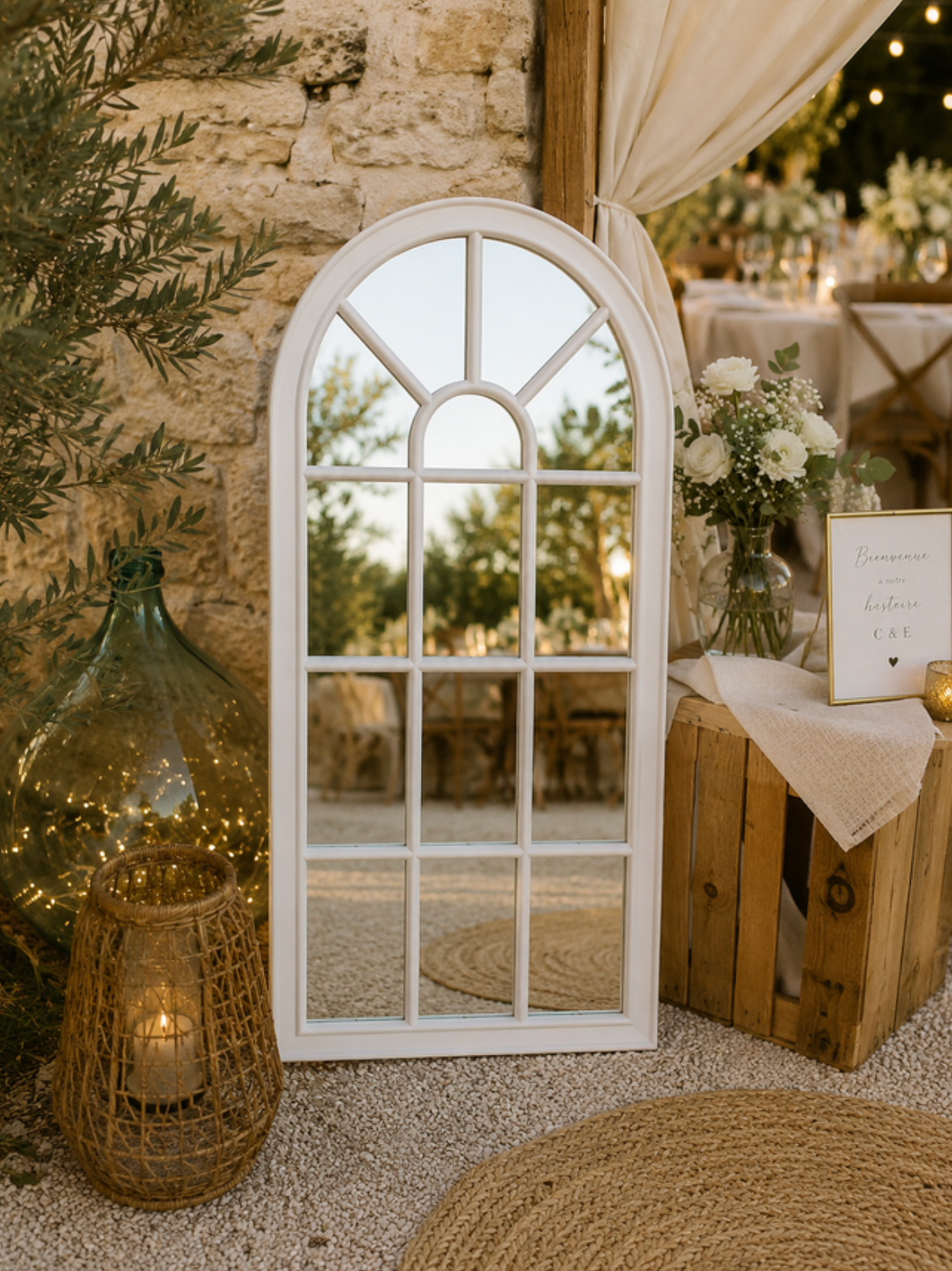 Miroir arche décoratif en bois — effet verrière — Location